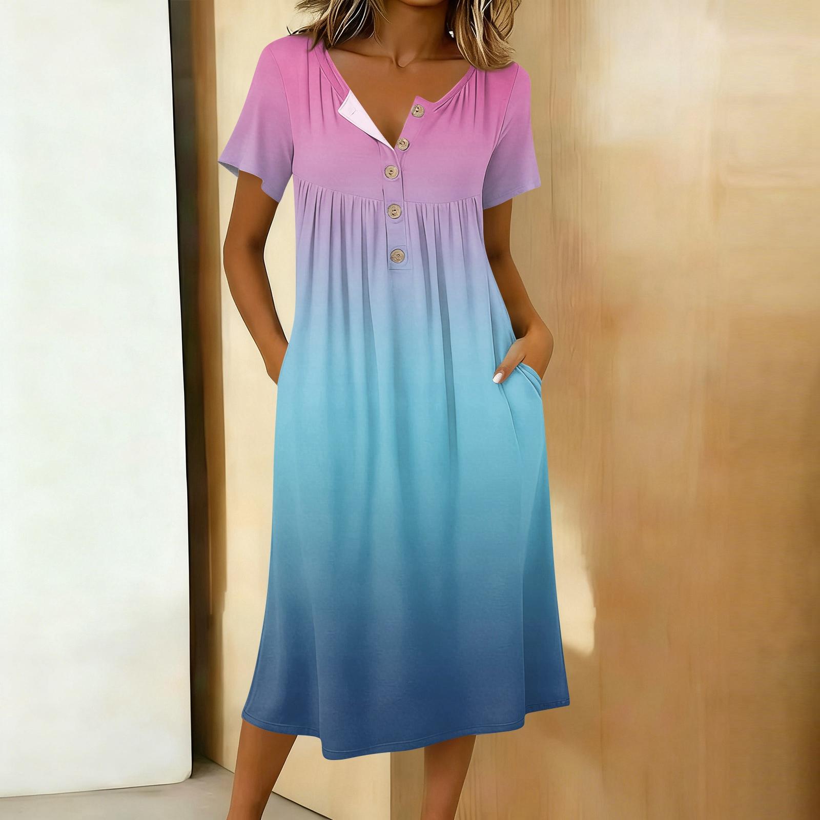 

Women s Fashion Gradient Color Printed Round Neck Short Sleeve Button Neck Medium Length Casual Dress M рожевий