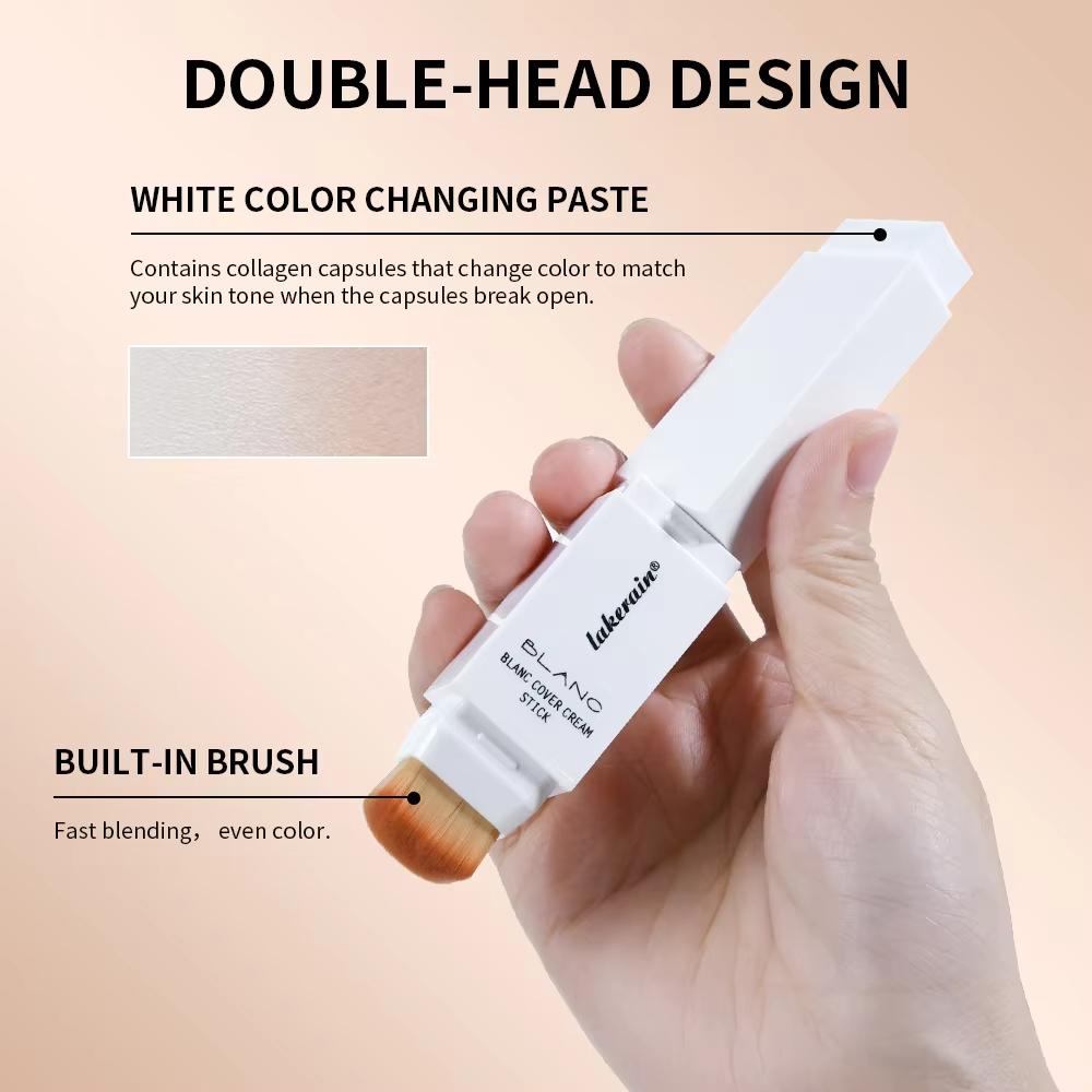 Dual-Ended White Color Changing Foundation Stick with Brush Makeup Smoothly Blending Moisturizing Brightening for All Skin Type