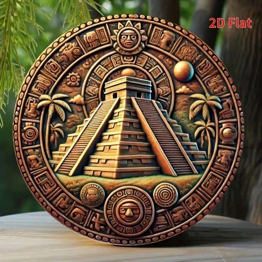 Metal Wall Art Poster, Maya Civilization Pyramid Hieroglyphs, Detailed Historical Decor for Living Room