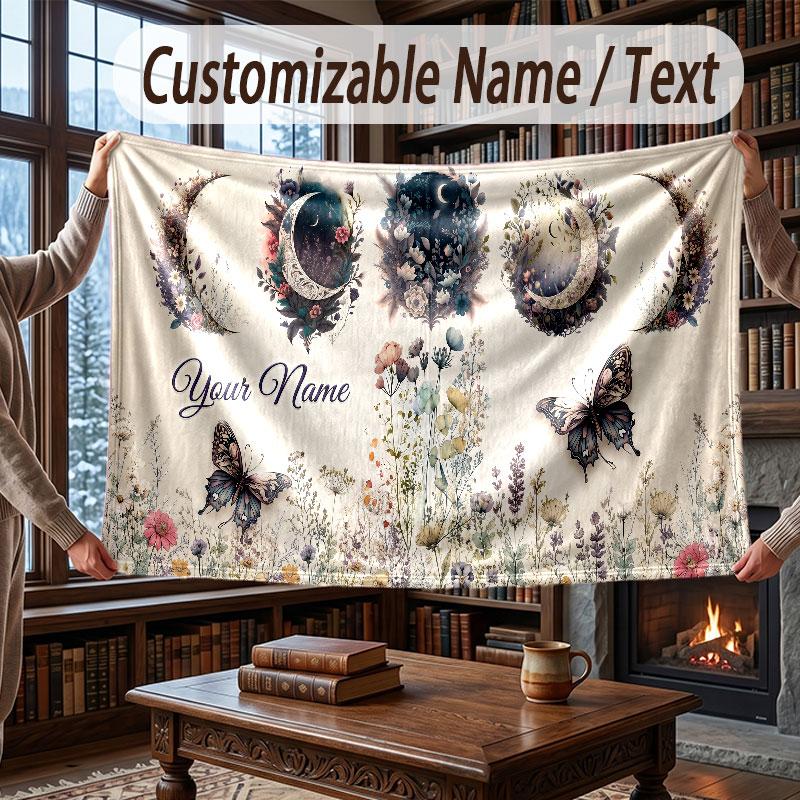 Floral Garden Theme Throw Blanket Custom Name Text Personalized Blanket Soft Cozy Blanket for Home Sofa Bed