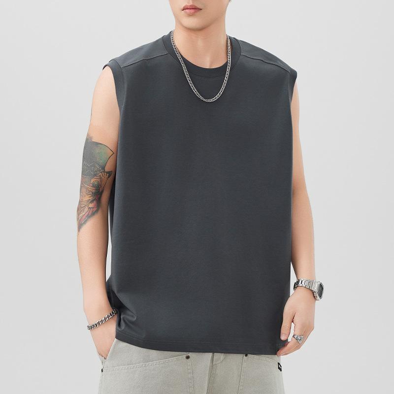 260g Heavy Solid Color Vest Men's Round Neck Sleeveless T-shirt Loose Base Shirt New Summer Style