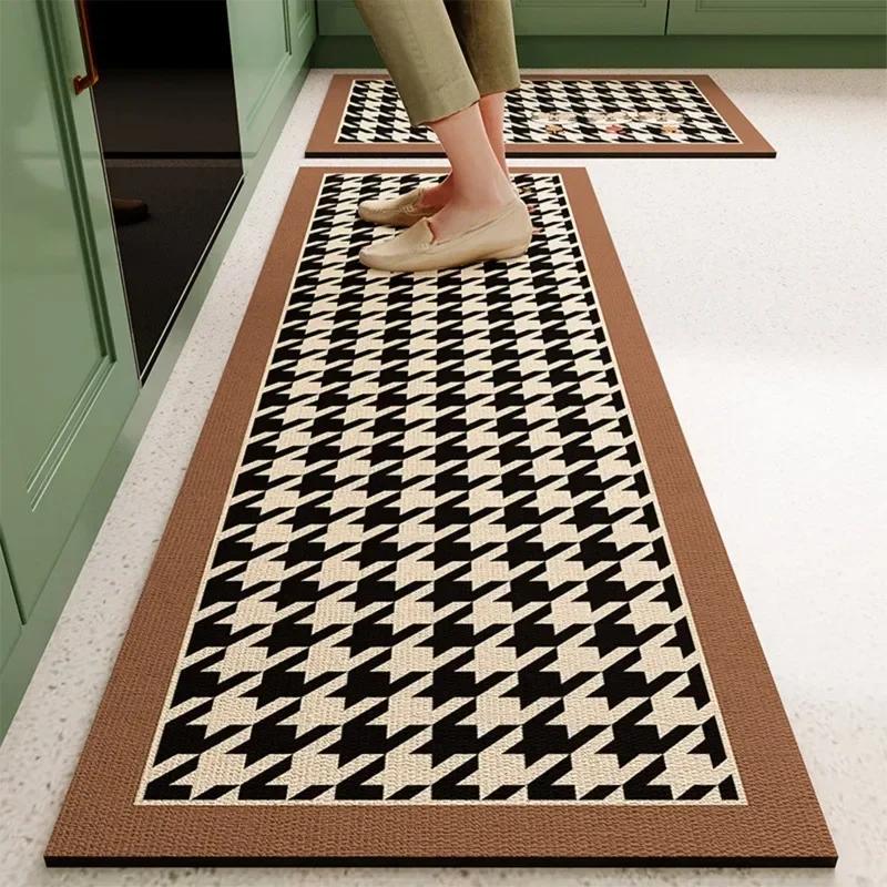 Mat For Kitchen Carpet Waterproof Pvc Long Floor Mats Leather Oil Proof Anti-Slip Carpets Black White Plaid Home Decoration Rug