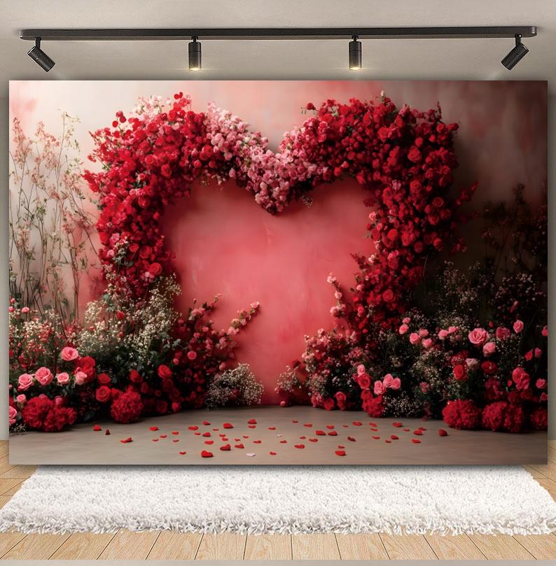 February 14 Valentine's Day Photography Backdrop Red Rose Arched Heart Flowers Romantic Wedding Bridal Shower Photo Background