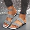 Fashion Summer New Flat Sandals Women's Fashion Square Head Open-toe Rhinestone Soft Bottom Slip-resistant Wear-resistant Slippers
