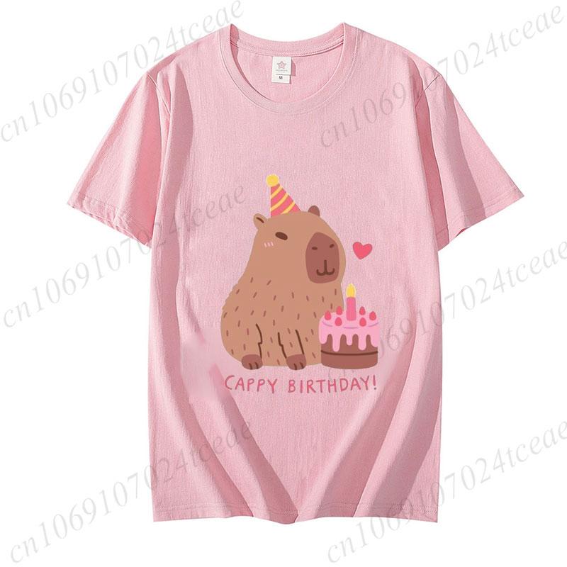 Cute Capybara Loves Bubble Tea Print Women Kids T-Shirt Summer Children's Short-sleeved Casual Pink Tops Adults Boys Girls Gifts