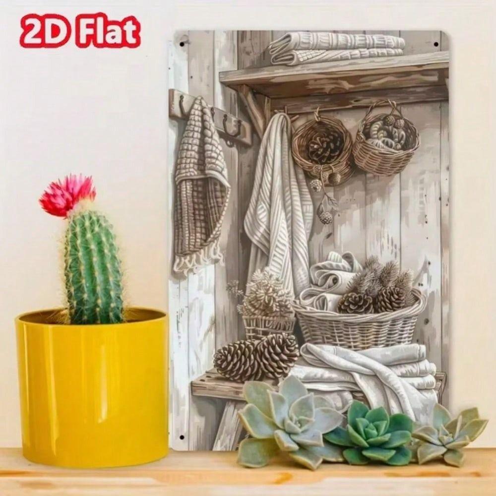 Vintage Metal Wall Art Kitchen Decor, 2D Tin Sign with Towel and Pine Cone Motif
