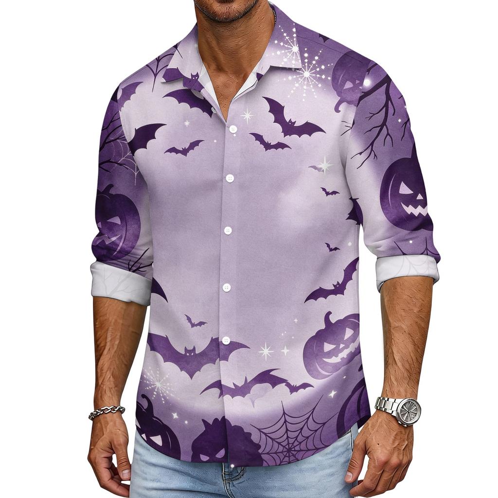 Men's Loose Fit Long Sleeve Shirt with Spread Collar Halloween Themed Casual Vintage Style Breathable Fabric Suitable for Outdoor Workwear