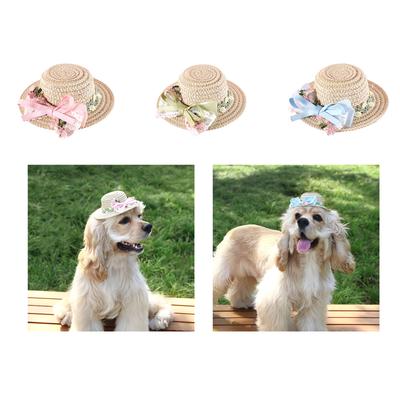 Puppy Straw Hat Dogs Sunbonnet with Ribbon Bow Supplies Collar Flower Hat Summer Hat with Strap Lace Belt