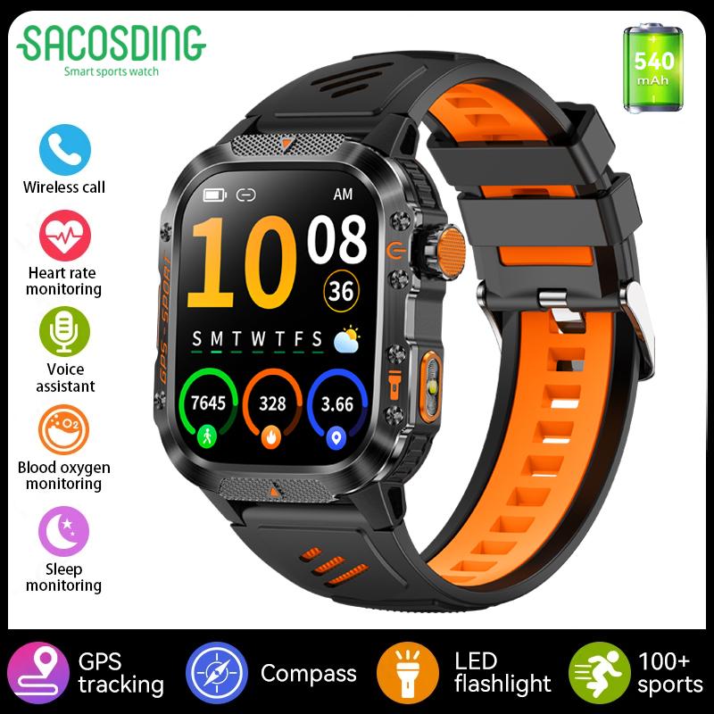 SACOSDING GPS Outdoor Sports Compass BlueTooth Call Smart Watch Waterproof Flashlight Heart Rate Health Smartwatch Information Reminder