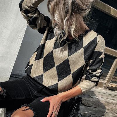 Damesmode Casual Ruitprint Herfst Winter Lange Mouw V-Hals Truien