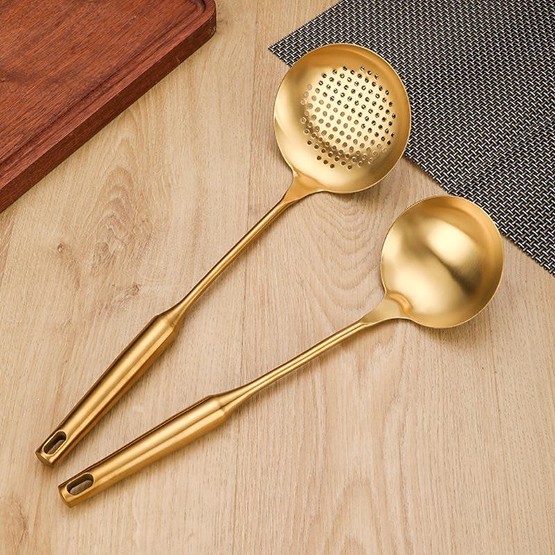 Gold-Plated 304 Stainless Steel Kitchen Utensil Set: Spoon, Spatula, Ladle, Skimmer, Wok Spatula, Rice Spoon, Slotted Spoon, Noodle Spoon