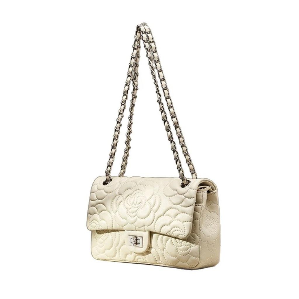 Xiaoxiangfeng Camellia Head Layer High Goatskin Leather Rhombus Women's Bag Premium Texture Chain Bag Shoulder Messenger Bag