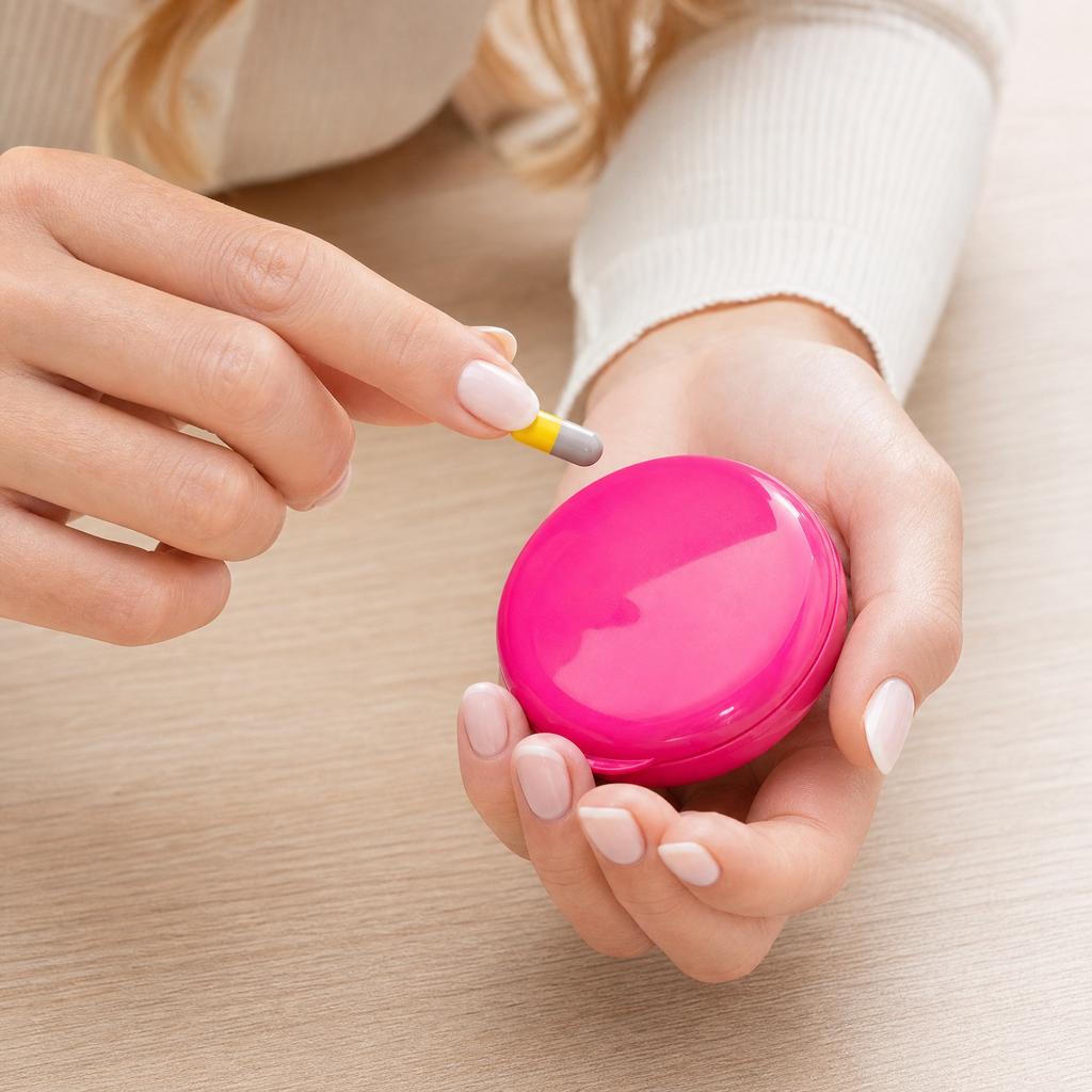 Round Rotating Plastic Pill Organizer Seven Compartment Portable Storage Case for Medication Supplement Travel Use