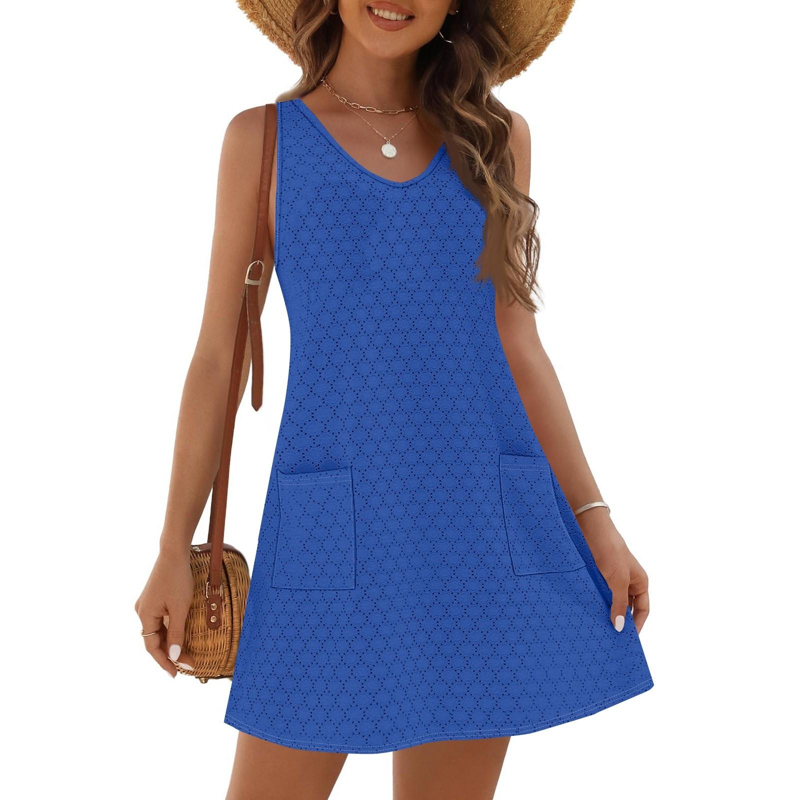 

Women s Fashion Casual Summer Cuffs Bag V-neck Solid Color Dress Beach Sundress XXL синій