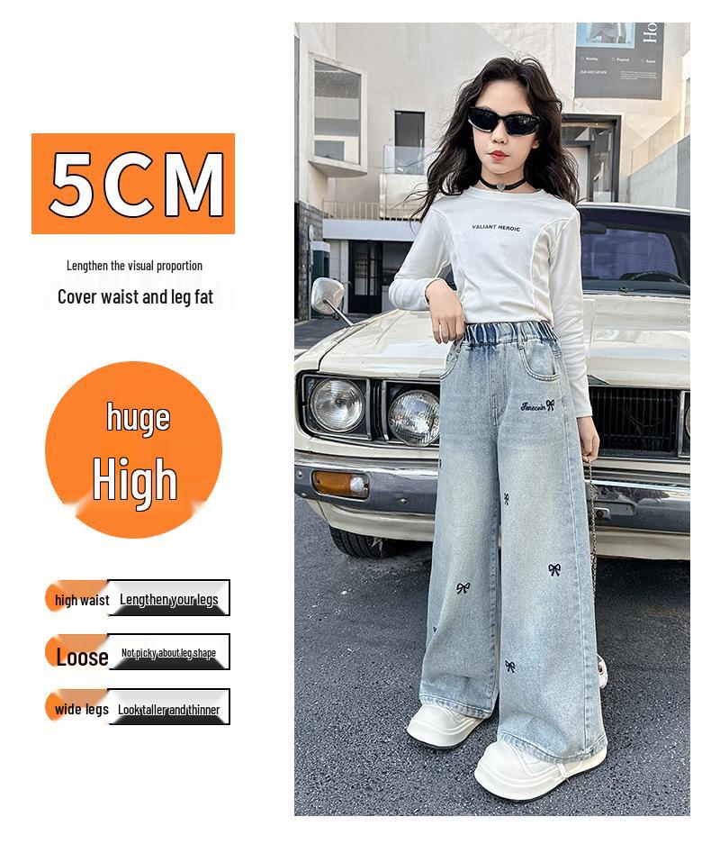 Girls' Spring 2025 Embroidered Butterfly Wide Leg Jeans - Korean Style Straight Leg Denim for Older Children