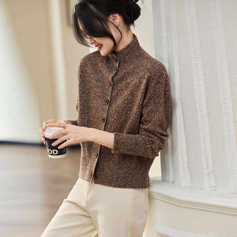 Srcr Women's 100% Wool Semi-High Collar Cardigan Sweater