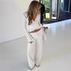 Solid Fleece Laced Long Sleeve Top High Waist Straight Casual Two Piece Set For Women