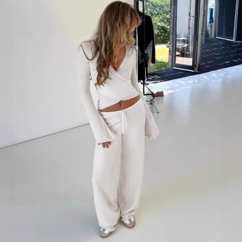 Solid Fleece Laced Long Sleeve Top High Waist Straight Casual Two Piece Set For Women