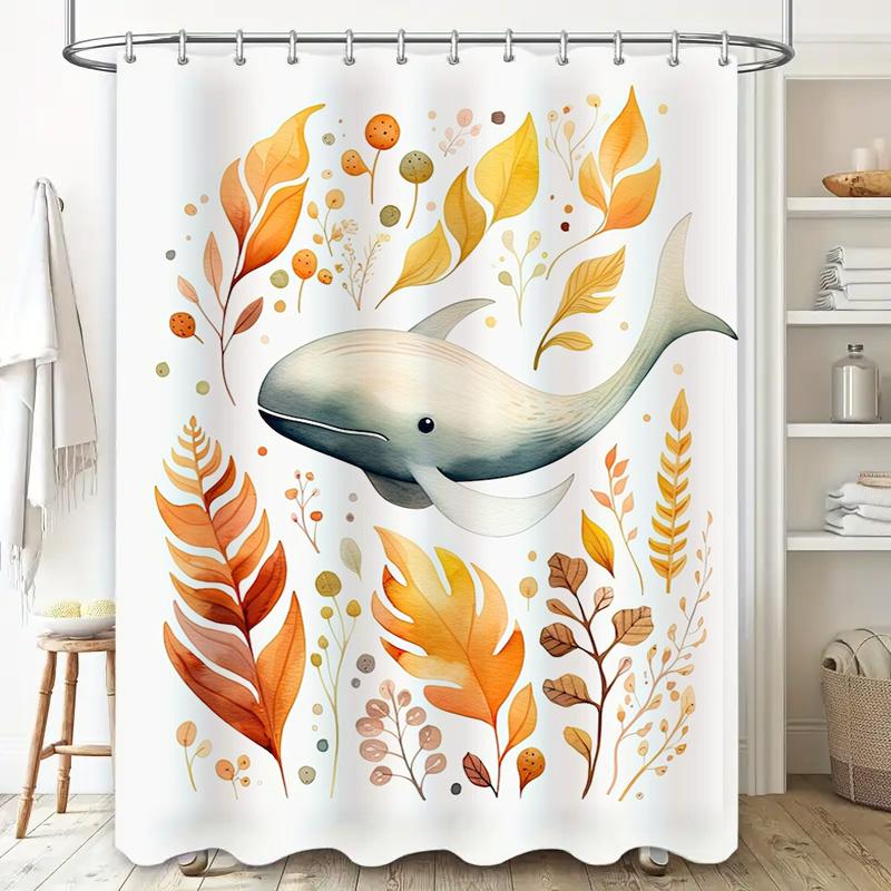 Colorful Leaves Whale Shower Curtain Home Decor Bathroom Wall Hanging Polyester Waterproof Bath Mat White and Yellow Leaves Desi