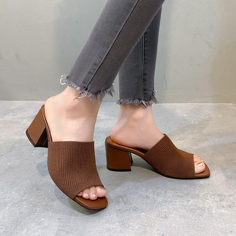 2024 Women's Fashion Chunky Heel Knit Wool Square Toe Sandals & Slippers