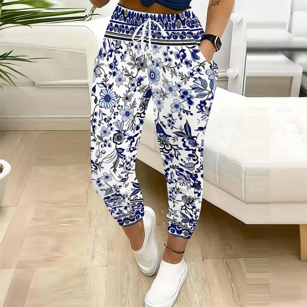 Summer Ladies Blue and White Porcelain Ink Wash Printed Sweatpants Loose Fit Drawstring Joggers Elastic Cuff Daily Casual Pants