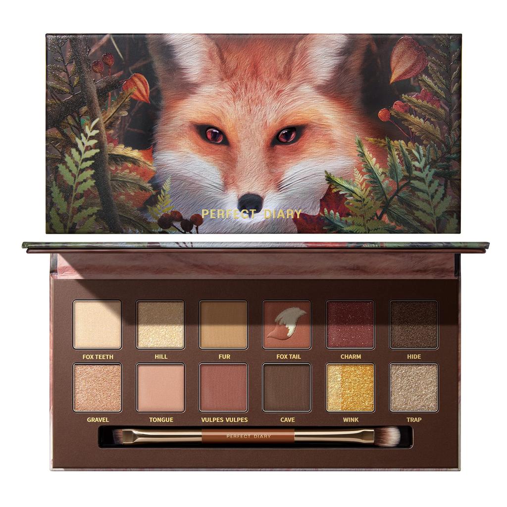 PERFECT DIARY Animal Eyeshadow Palette Glitter Matte 12 Colors with Brush Red Fox