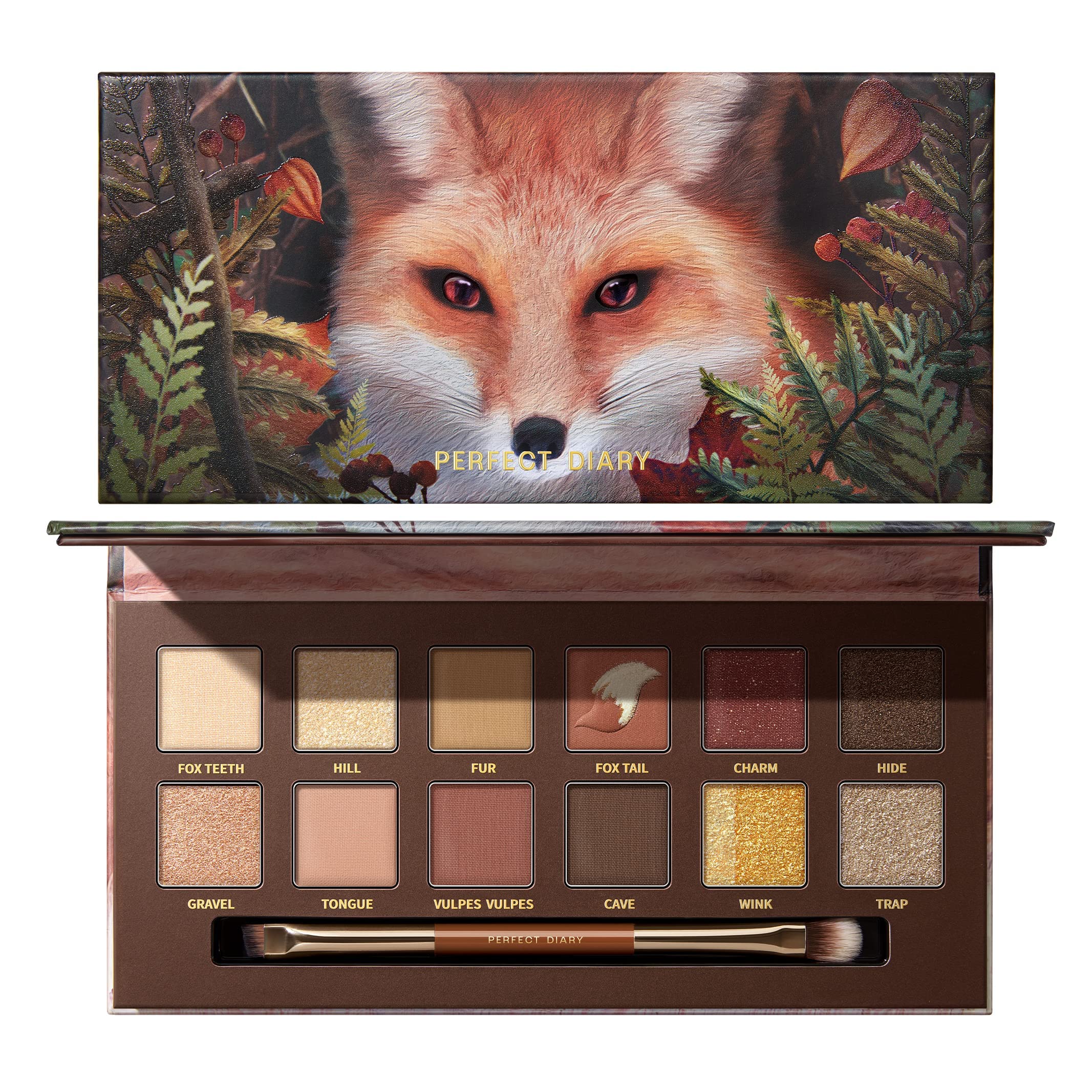 

PERFECT DIARY Animal Eyeshadow Palette Glitter Matte 12 Colors with Brush Red Fox