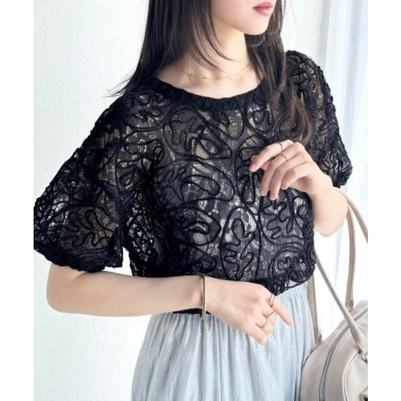 DIMANAF New 2025 T-Shirt Women Knitting Short Sleeve Hollow Lace Summer Style Basic Tops Tees Loose Clothing