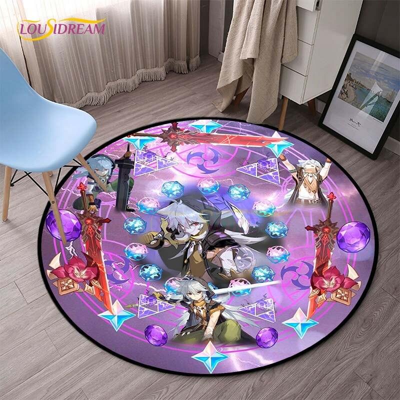 Genshin Impact Runde Teppiche für Schlafzimmer, Cartoon-Teppiche für Wohnzimmer, Kinder, weicher Teppich, rutschfeste Bodenmatte, Heimdekoration, Camping, Picknick