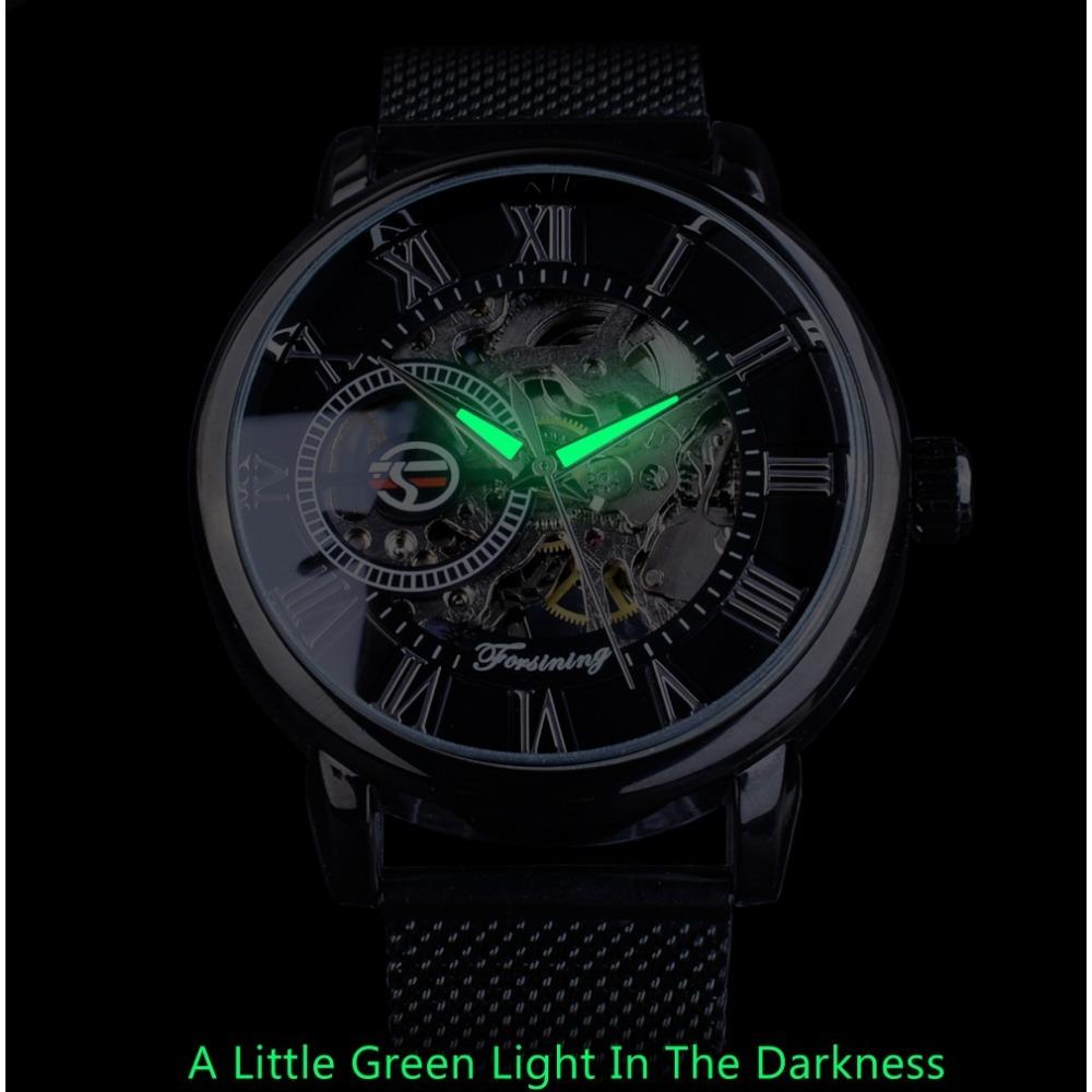 Forsining Ceas Bărbați Moda Ocazional Curea din plasă Hollow Gold Ceas mecanic manual GMT1040-8-A