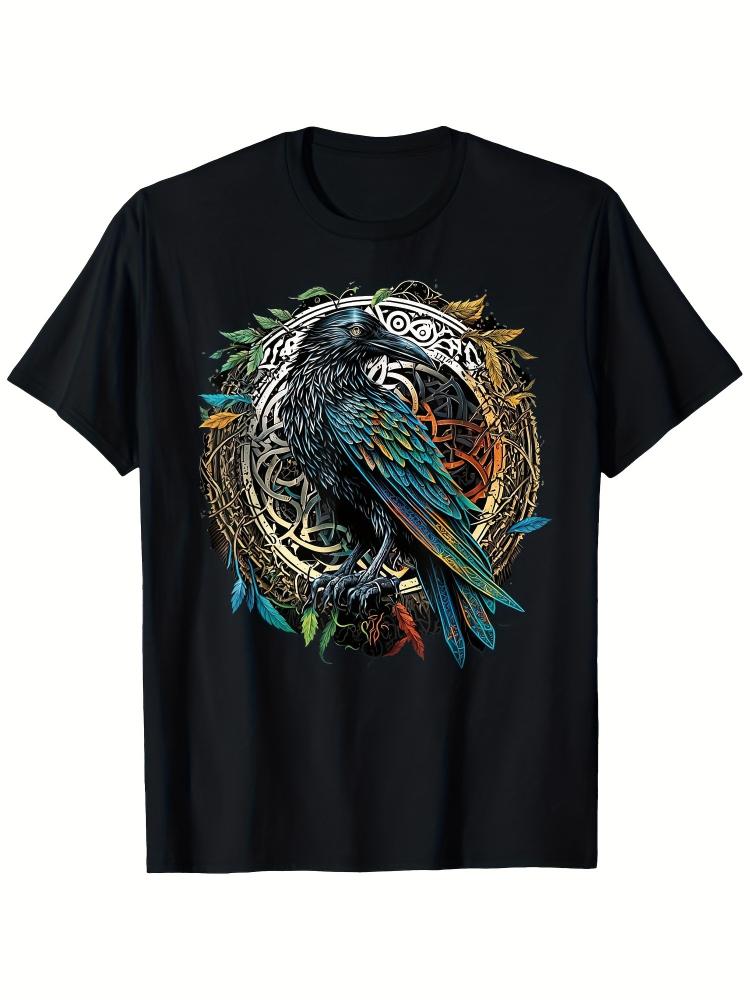With Colorful Crow and Celtic Nordic Mythology Midgard Thorwalalla Pattern Design Cotton Round Neck Shortsleeved Tshirt