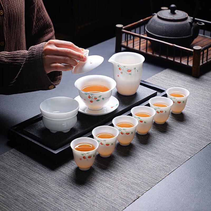 Tuopai 10-Piece Hand-Painted Porcelain Tea Set with Good Luck Persimmon Design