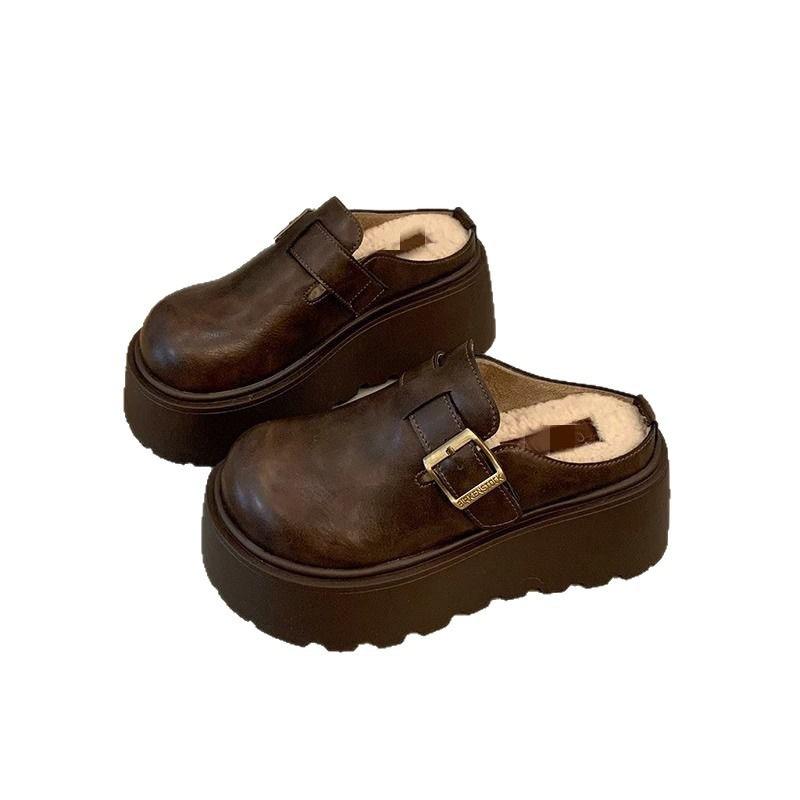 One-pedal Leather Slippers Women's Autumn and Winter New Heightened Thick-soled Velvet Lazy Bag Head Half Slippers