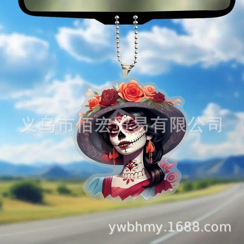Entzückende Cartoon-Skelettpuppe Acryl-Flachanhänger Perfekt für Halloween- und Weihnachts-Autodekoration