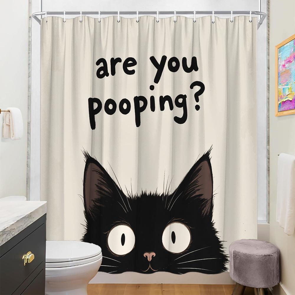 1Pc Humorous Black Cat Pooping Shower Curtain - Large Eyes, Modern Design, Washable Polyester, Cat Lover Gifts
