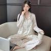 Women's Ice Silk Solid Color Pajama Set - Long Sleeve, Long Pants for Spring, Summer, and Autumn.