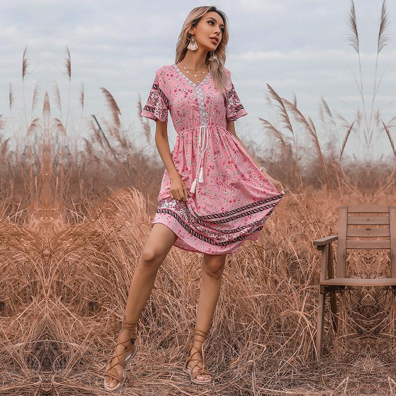Summer Vintage Idyllic Pink Slim V-Neck Floral Dress