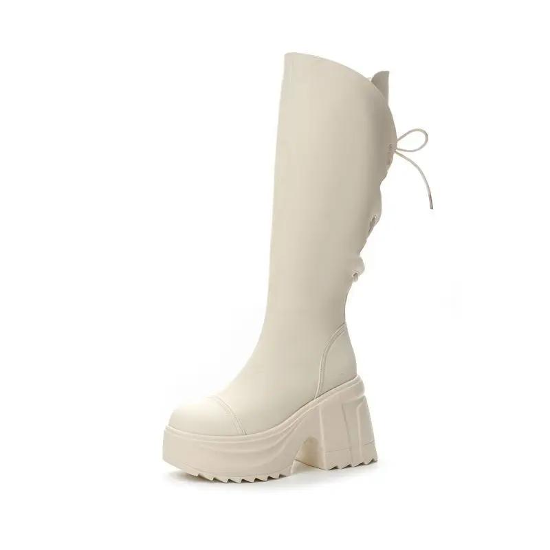 Mode 10CM Mikrofaser Damenstiefel Leder Herbst Plateau Keil Kniehoch Mode Britisch Knöchel Frühling Reißverschluss Synthetische Stiefel Schuhe