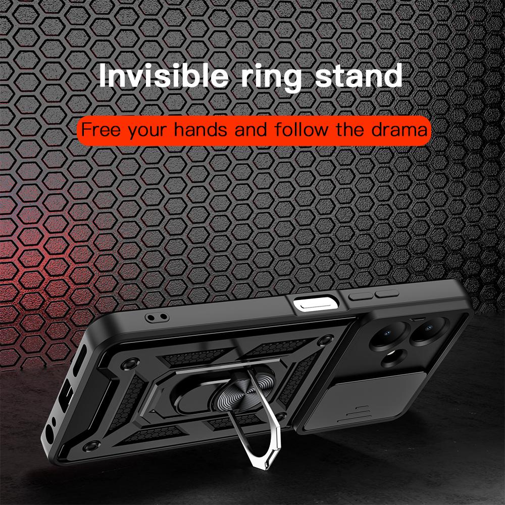 KEYSION Shockproof Case for TECNO Spark Go 2 Pop 10 Slide Camera Lens Protection Ring Stand Phone Cover for Infinix Smart 10