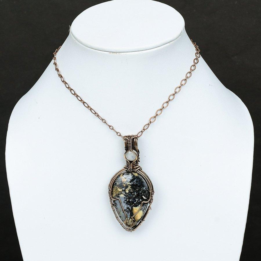 Natural Malinga Jasper, Moonstone Gemstone Copper Wire Wrap Pendant 2.84" m5U54