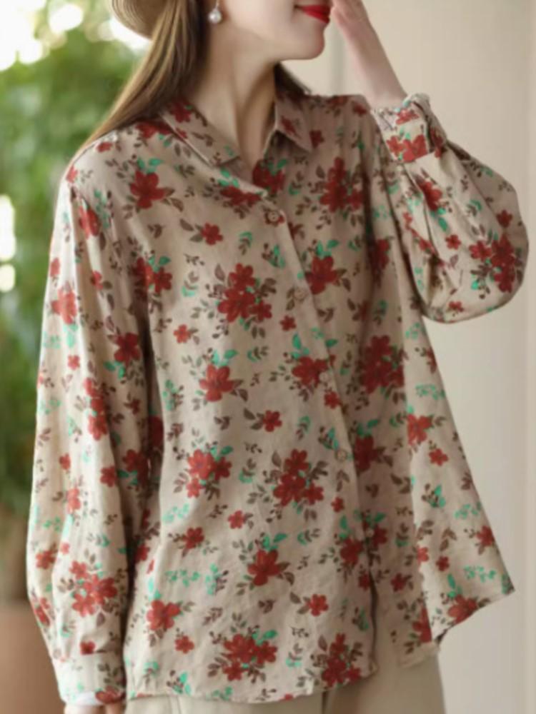 

Johnature Женские рубашки с винтажным принтом и цветочным принтом, весенние рубашки с отложным воротником и длинным рукавом на пуговицах One Size хаки