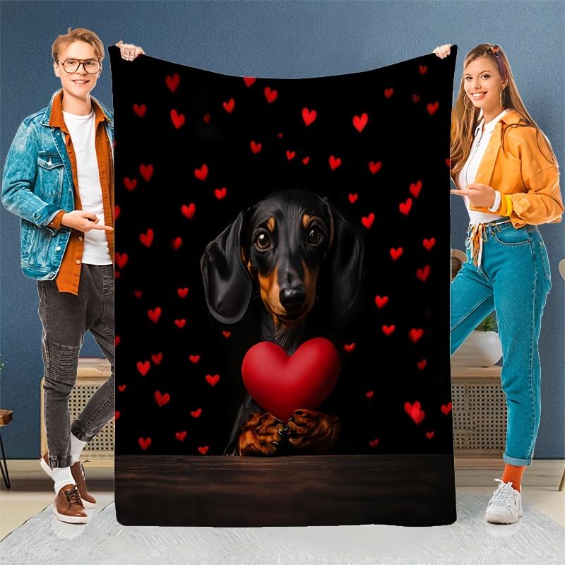 Vintage Dachshund Flannel Blanket - Heart Print Throw, Soft All-Season Gift for Dog Lovers, Playful Home/Office Decor