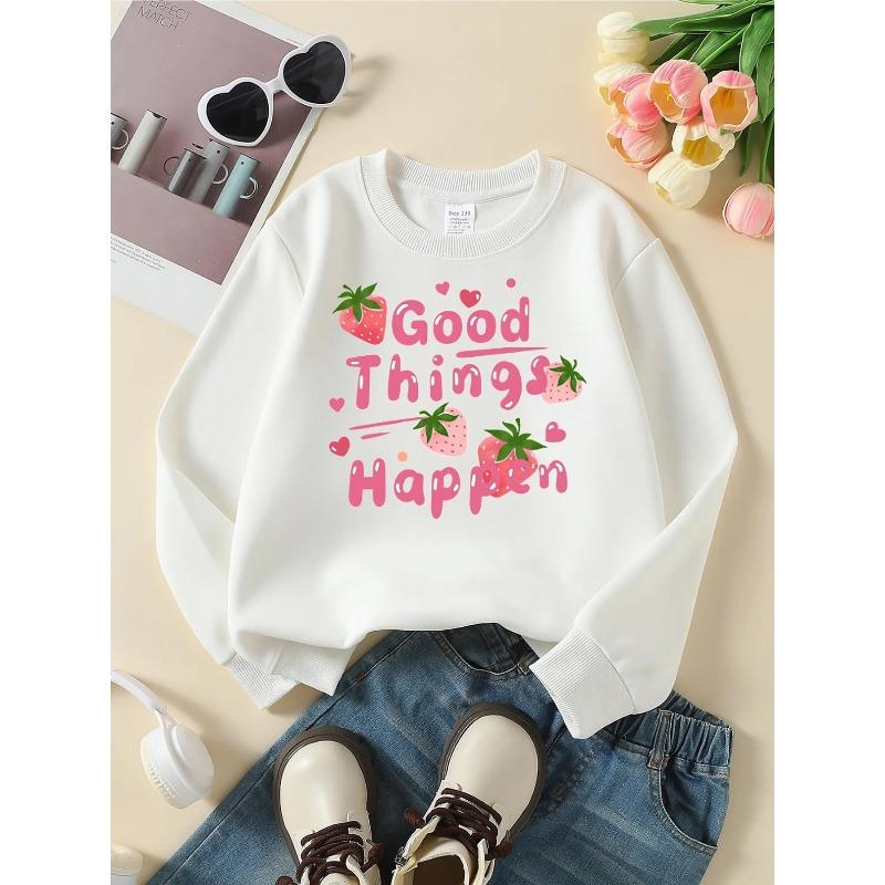 Fashionable Crewneck Sweatshirt for Girls Featuring Strawberry Hearts, Perfect for Autumn And Winter with a Western