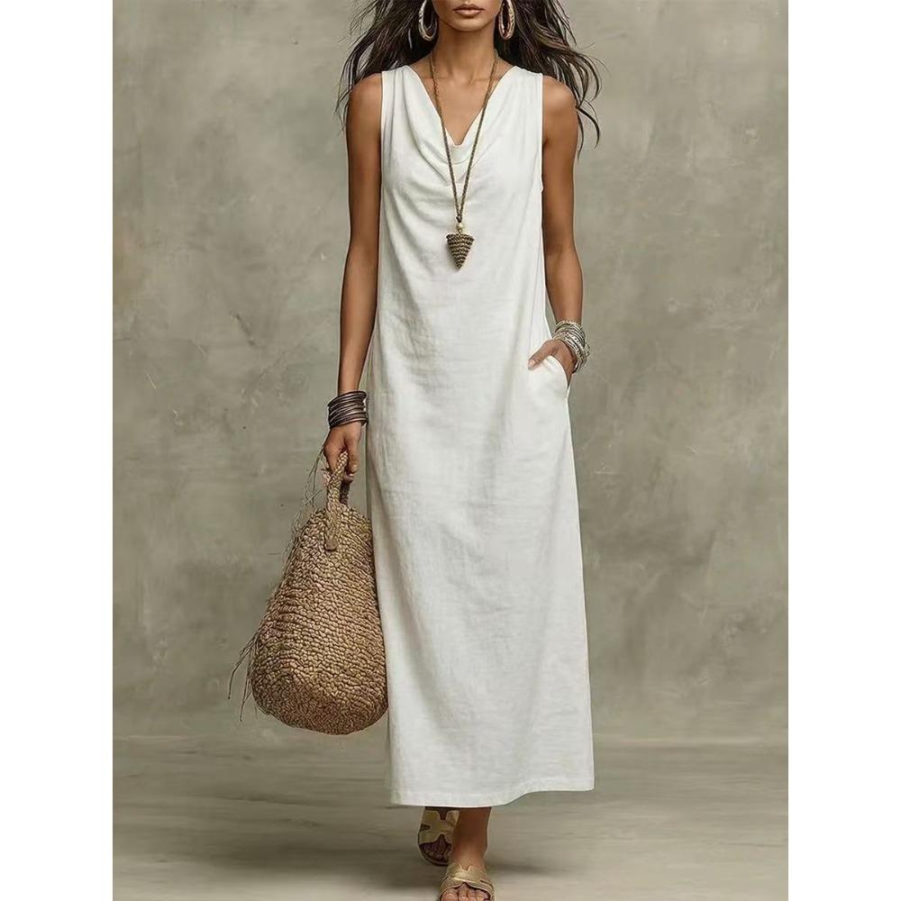 Women's Cowl Neck Sleeveless Loose Maxi Dress Casual Linen Cotton Summer Long Dress