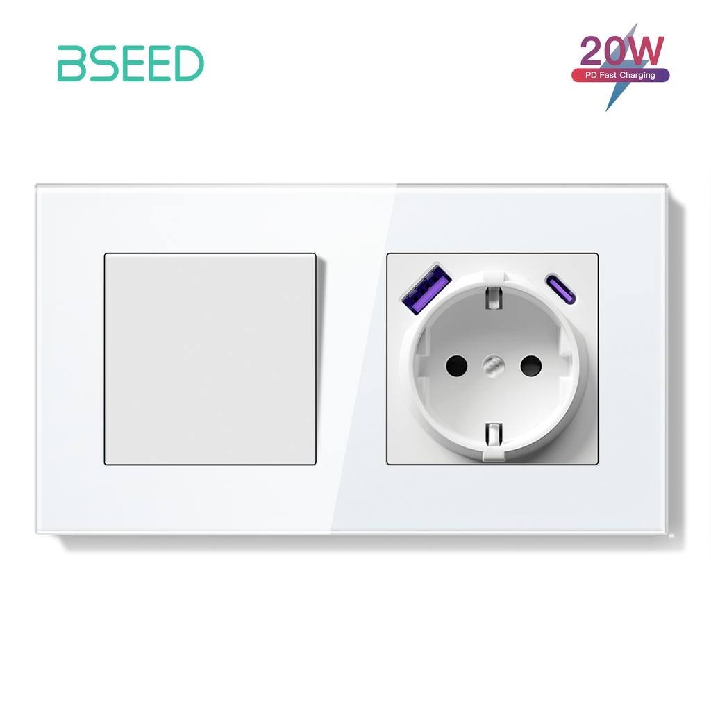 BSEED Switch Light Switch White Glass Frame Wall Power Sockets USB-C Phone Charge E-Series EU Standard 2 Way