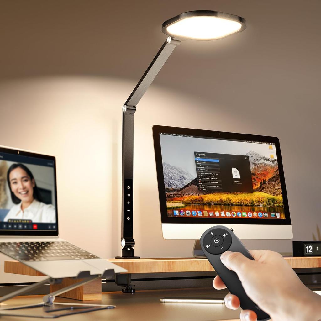 Led Desk Lamps for Home Office, Eye-Care Architect Light with Clamp, Dimmable Zoom Lighting with 3 Color Modes & 10 Brightness, Smart Computer Ring