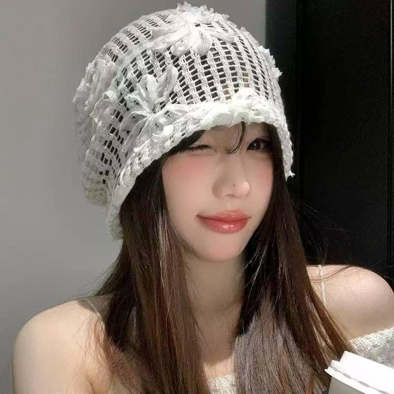 

Цветочный Кружевной Ажурный Трехмерный Берет для Женщин на Весну и Лето Тонкий и Дышащий Шляпа для Большой Головы с Повязкой на Голову one size белый