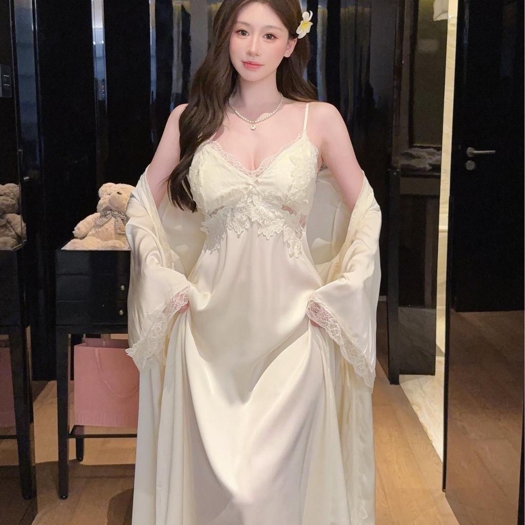Sexy pajamas women's ice silk new summer lace pure desire long knee suspender nightdress silk loungewear