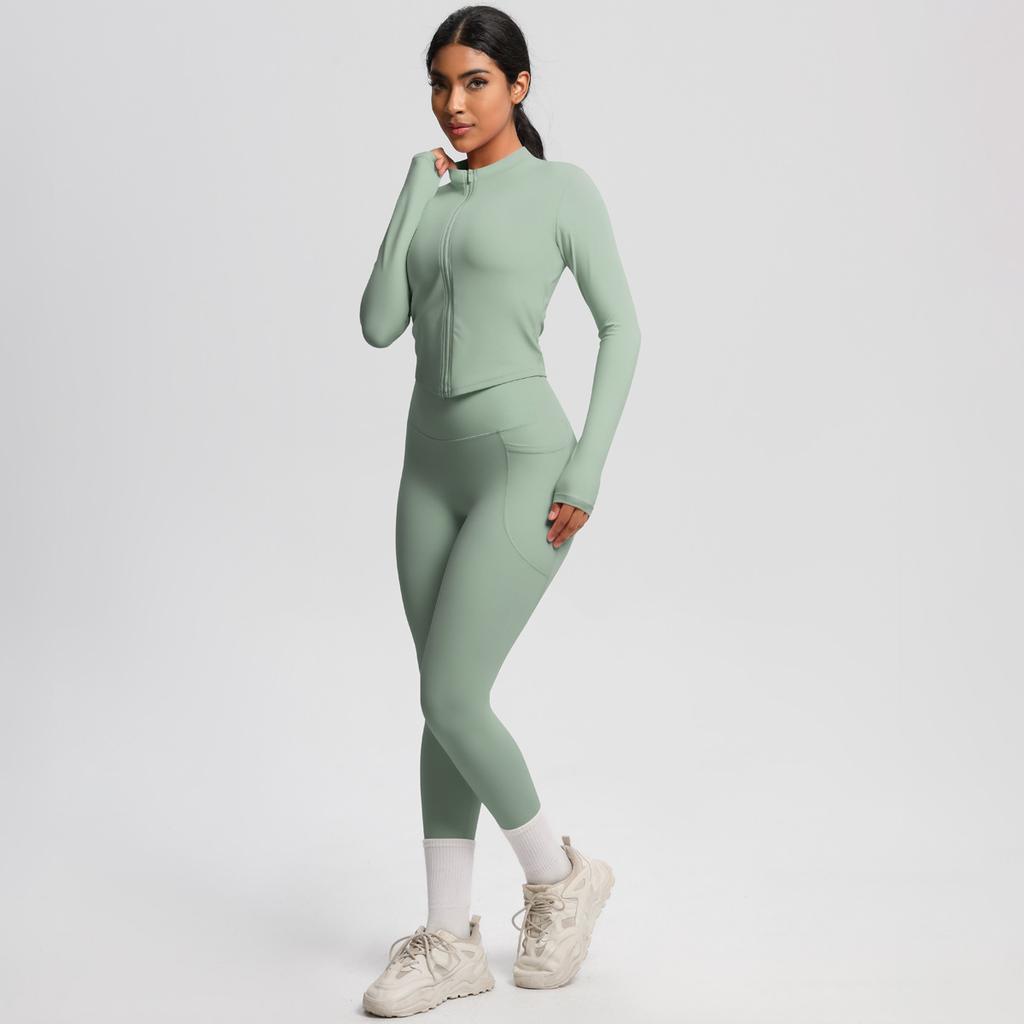 Naked Tight Zipper Jacket Yoga Suit Set, High Waist Pocket Quick Drying Exercise Running Fitness Two-Piece Set For Women