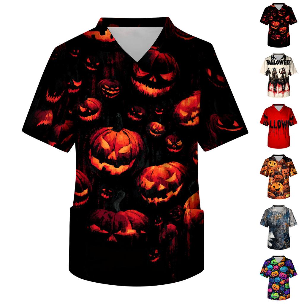 Men's Short Sleeve V Neck Halloween Print Chest Pocket Workwear Shirt with Cowboy Graphic Design for Casual Wear